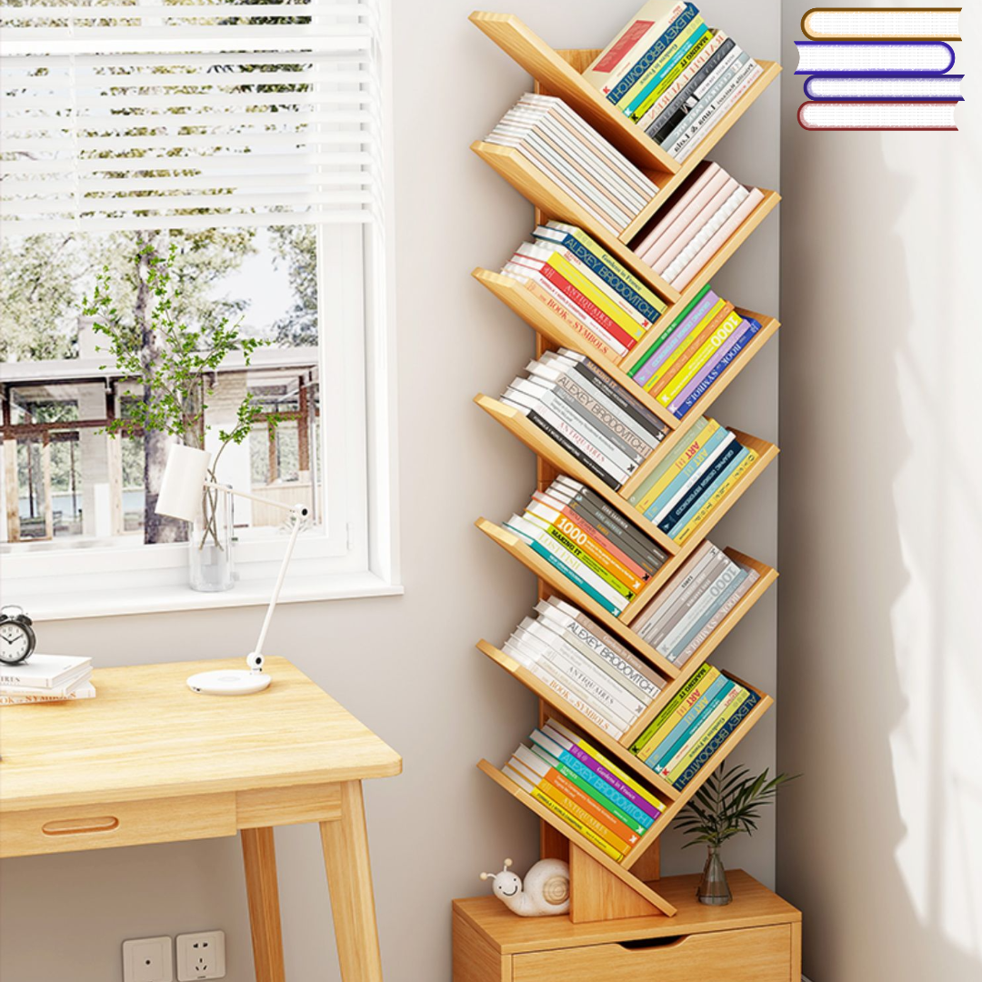 Raft modern pentru depozitare carti, organizator din lemn in forma de copac