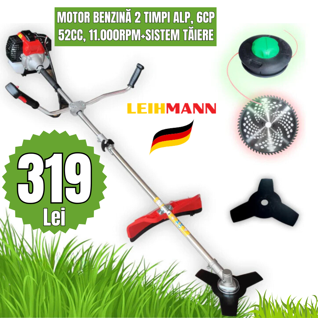 Motocoasa motor benzina 2 timpi ALP , 6CP, 52cc, 11.000RPM + sistem taiere