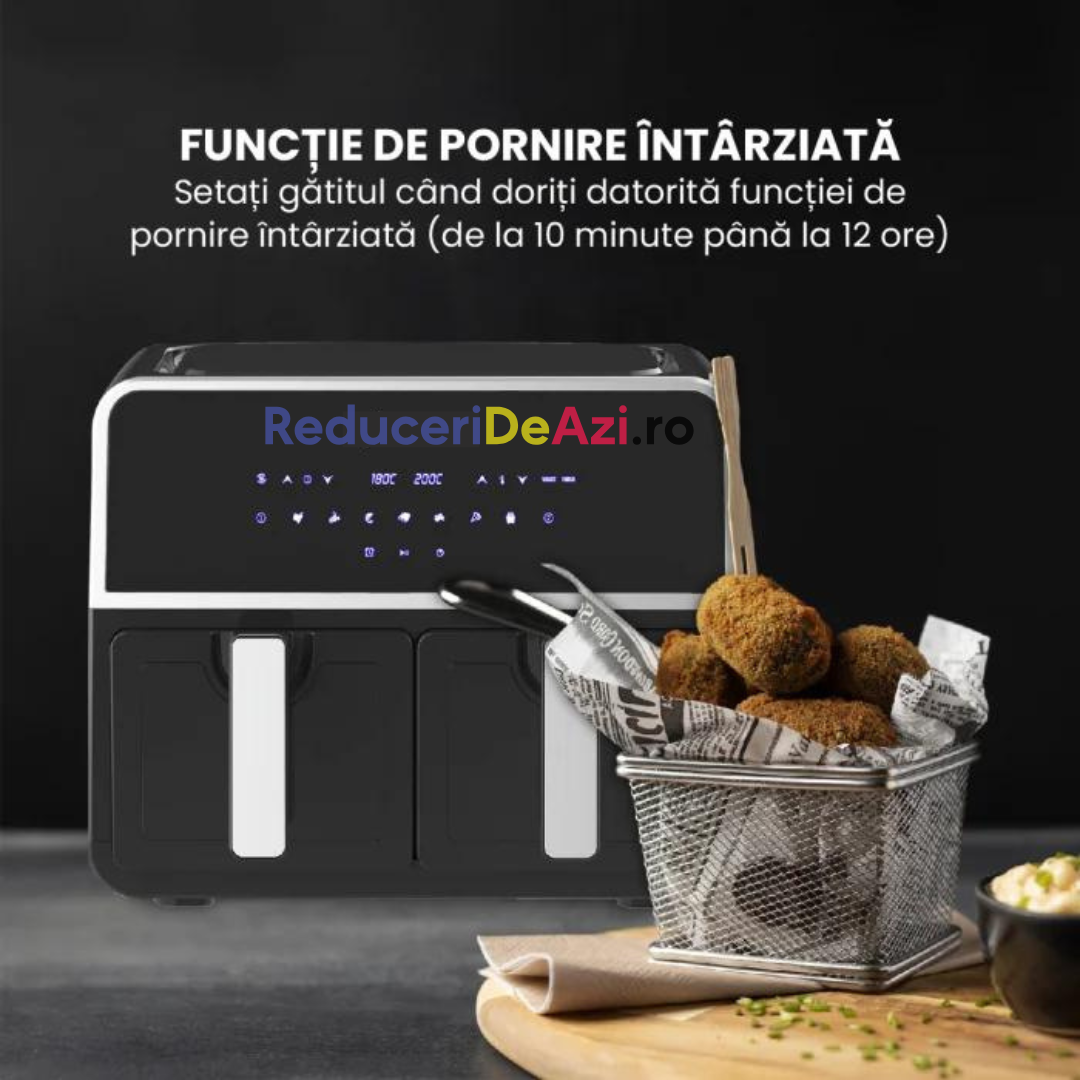 Friteuza cu aer cald 3000 W, Cos Dublu, 10 litri