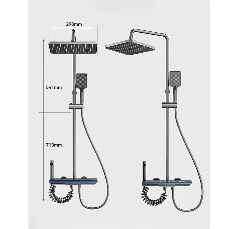 Set coloanade duș termostatic cu afișaj digital și patru funcții, montaj pe perete, culoare gri, cu efect de ploaie și presurizare