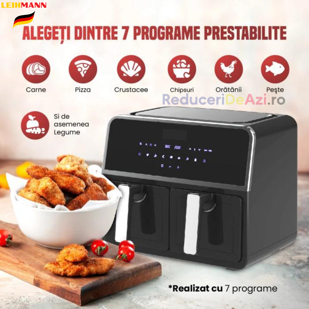 Friteuza cu aer cald 3000 W, Cos Dublu, 10 litri