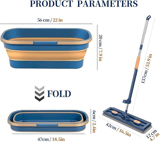 Mop plat cu stoarcere, galeata pliabila cadou + 3 rezerve CADOU!