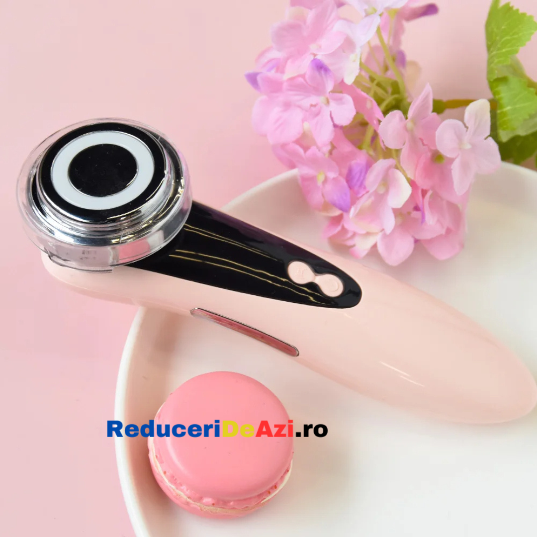 Dispozitiv de rejuventare faciala, cu functii multiple, curatare, masaj antirid, inchidere pori, rejuvenare, Roz