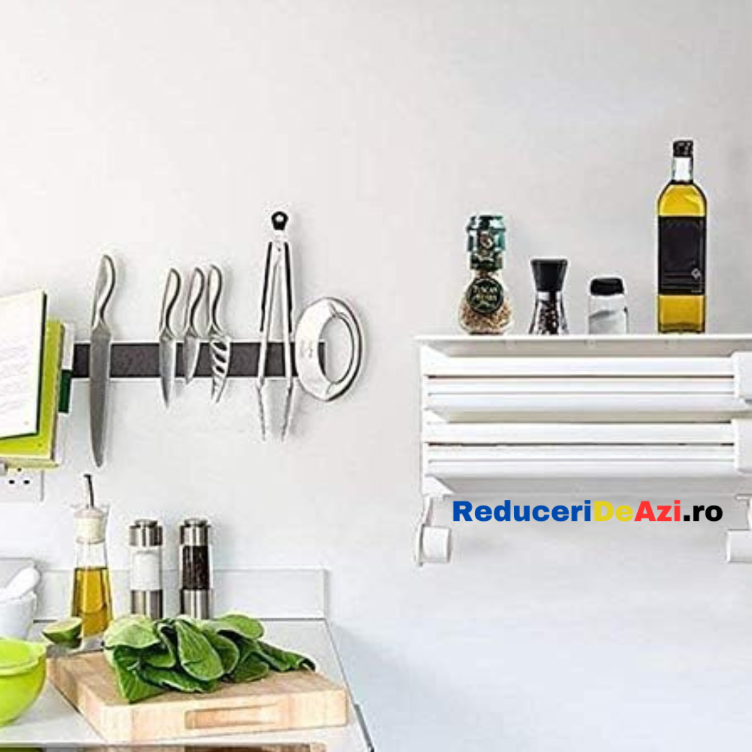 Triplu dispenser bucatarie: rola hartie prosop, folie aluminiu si folie alimentara