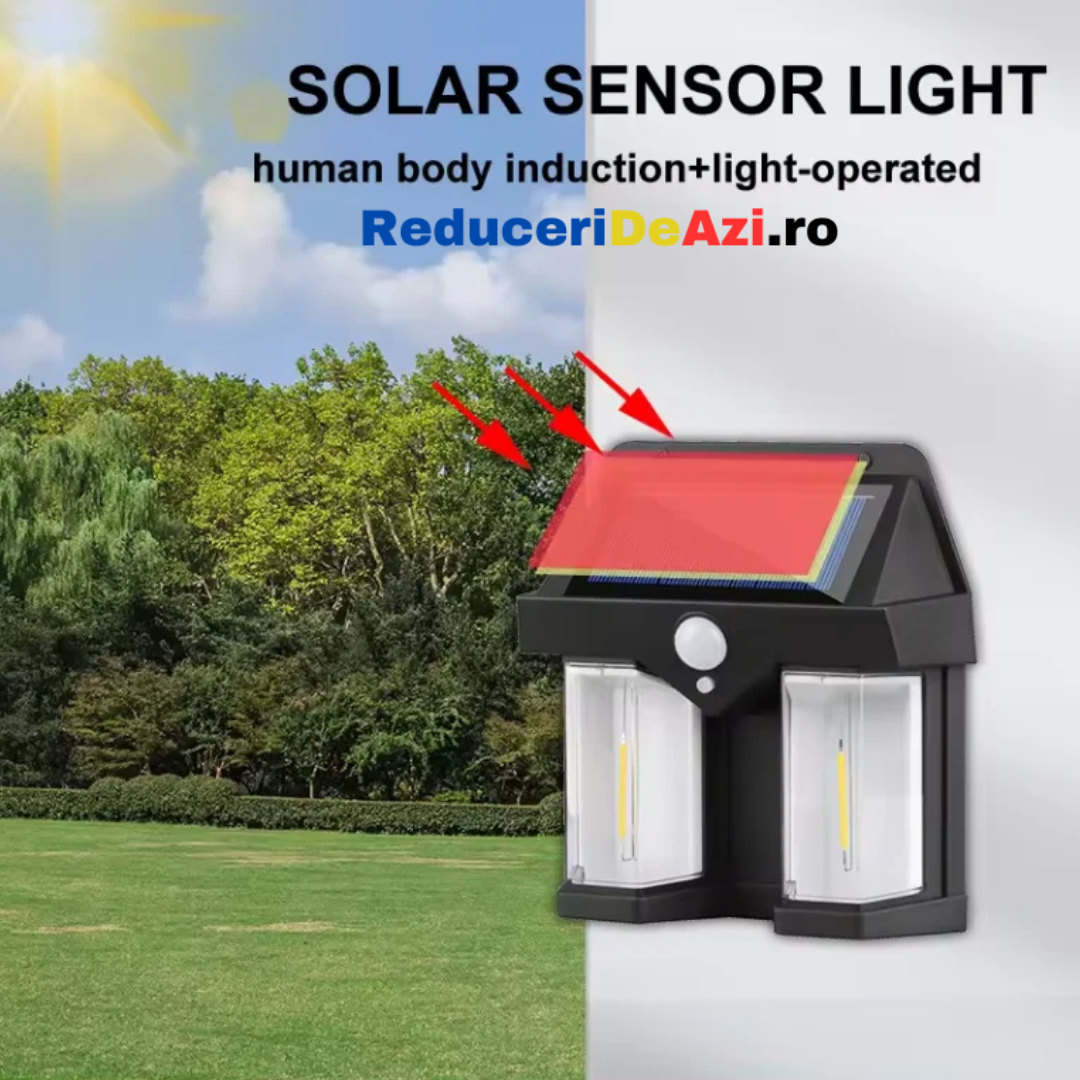 Lampa solara de perete dubla CB 228 tip felinar, decorativ, de perete