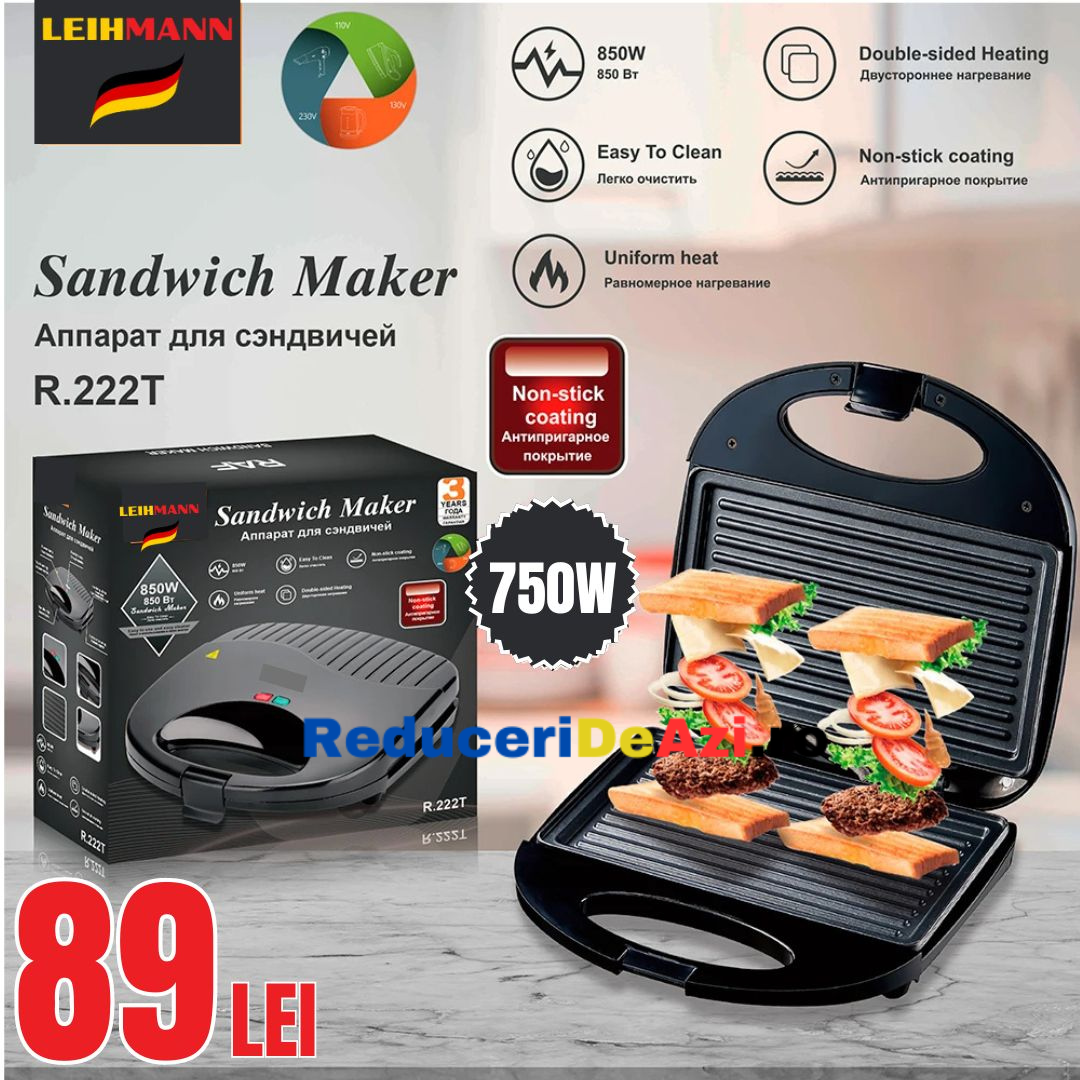 Sandwich maker, Putere 750 W, Invelis anti-aderent