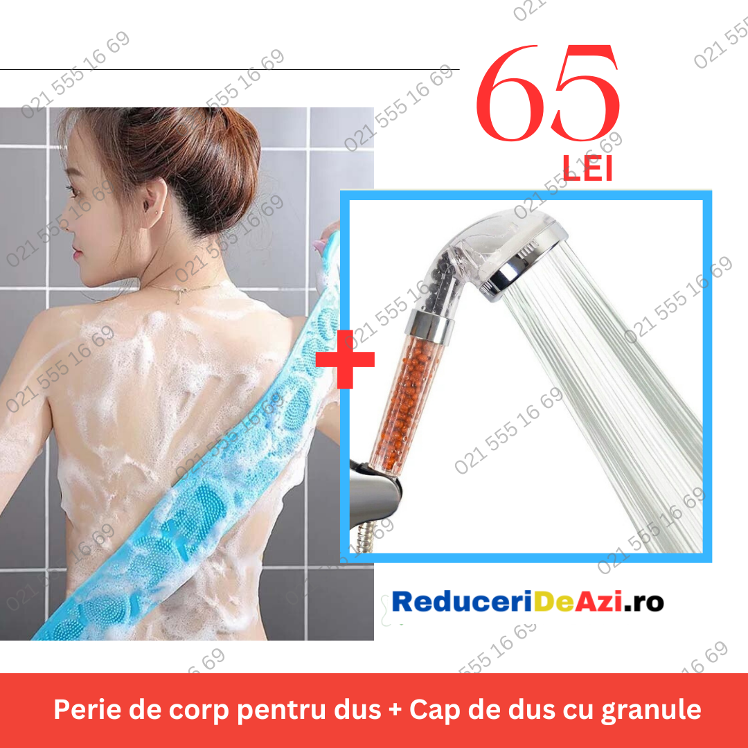 Pachet! Perie de corp pentru dus + Cap de dus cu granule