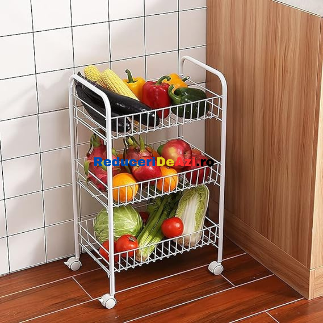 Etajera din metal cu roti si 3 rafturi, 34x26x70 cm