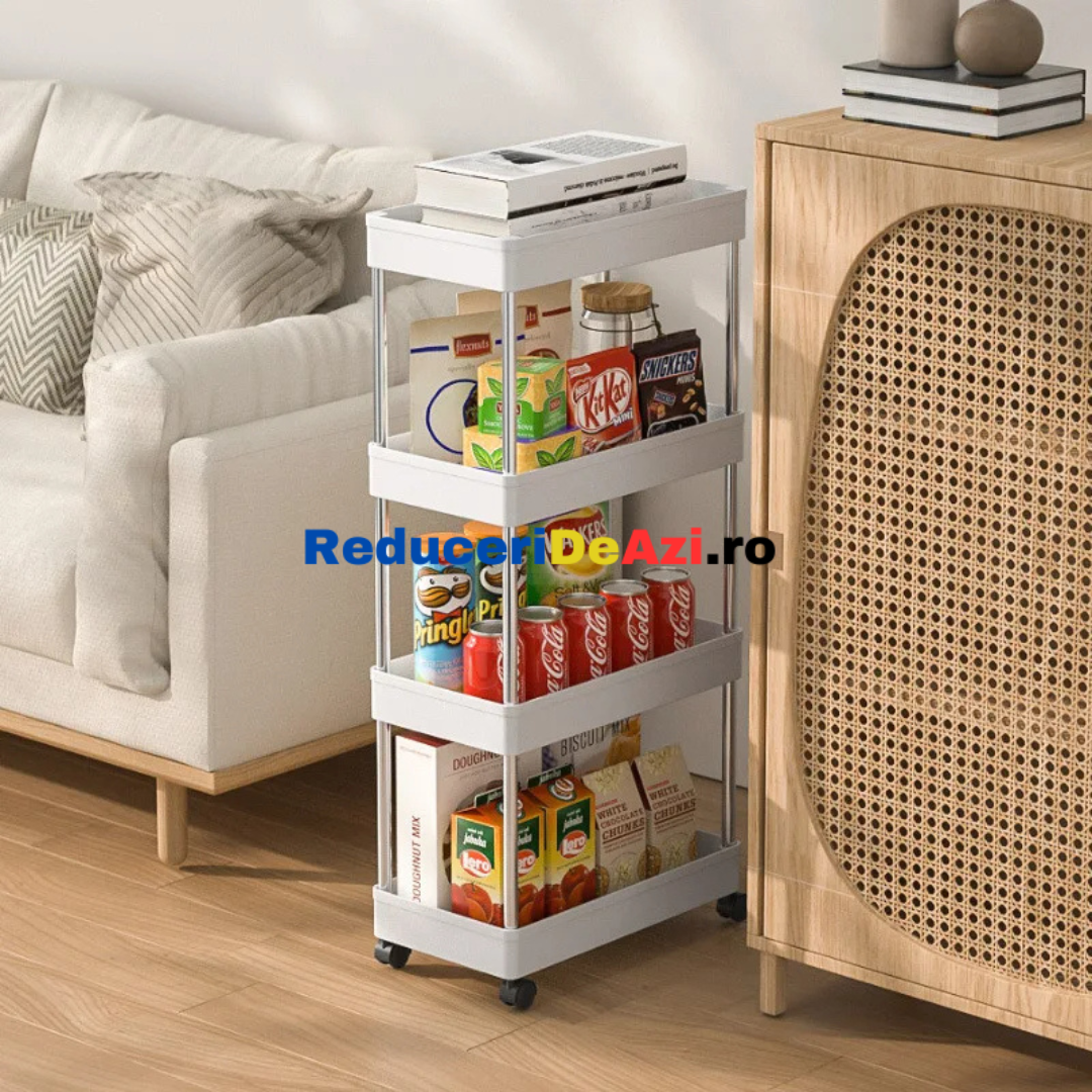Suport depozitare, cu 4 rafturi si roti, pentru baie sau bucatarie