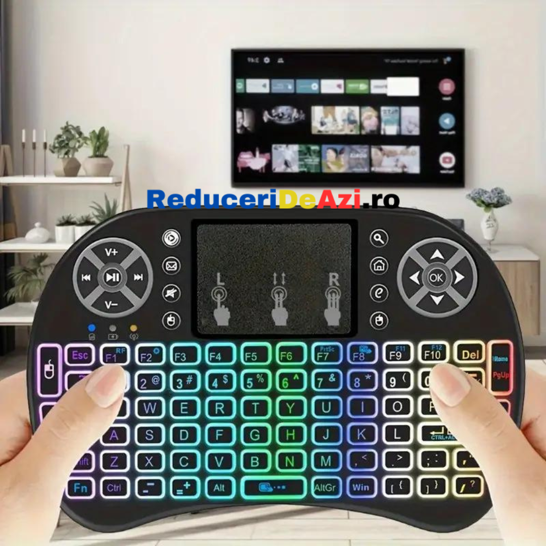 Mini Tastatura Wireless cu Touchpad, Iluminata 3 culori, cu acumulator Reincarcabila, pentru Smart TV Android box PC Laptop
