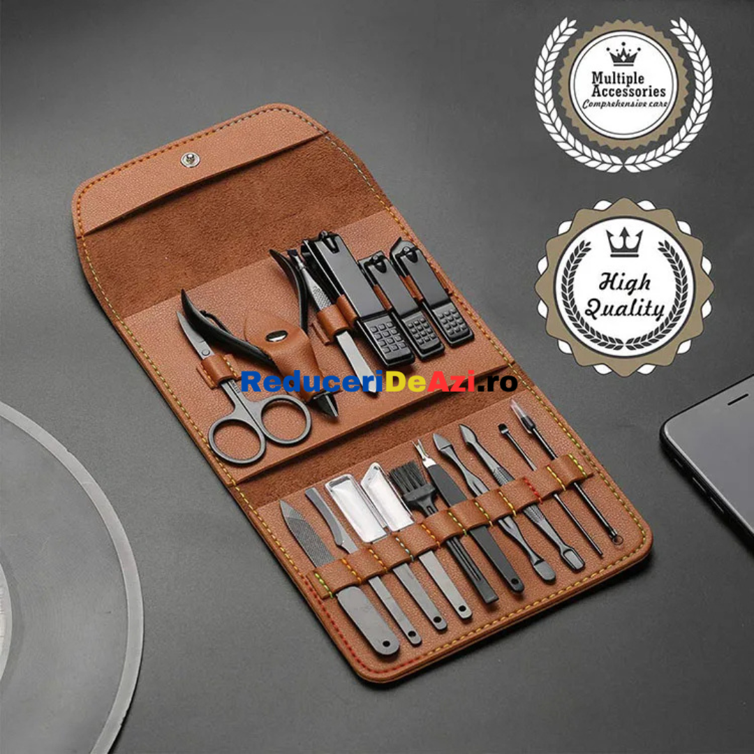 Trusa manichiura/pedichiura 16 piese, geanta pentru depozitare, Negru mat, Otel inoxidabil