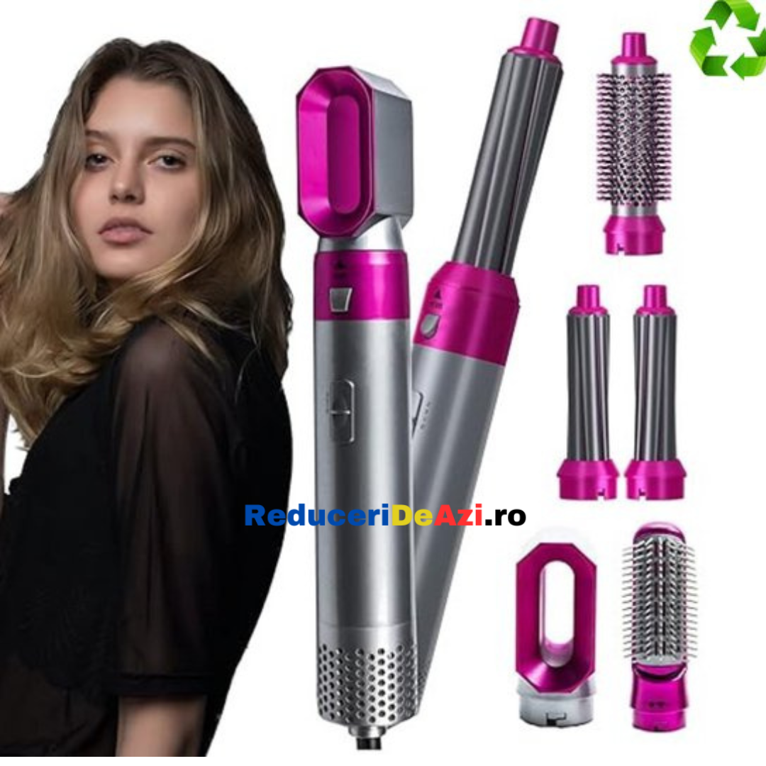 Perie de par 5in1, Aer cald, 3 Trepte temperatura, Roz/Gri
