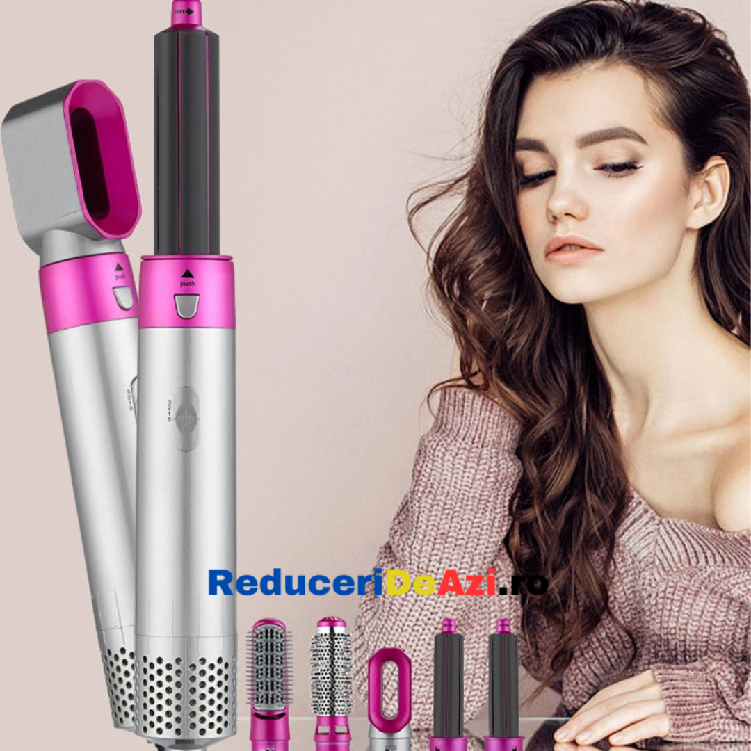 Perie de par 5in1, Aer cald, 3 Trepte temperatura, Roz/Gri