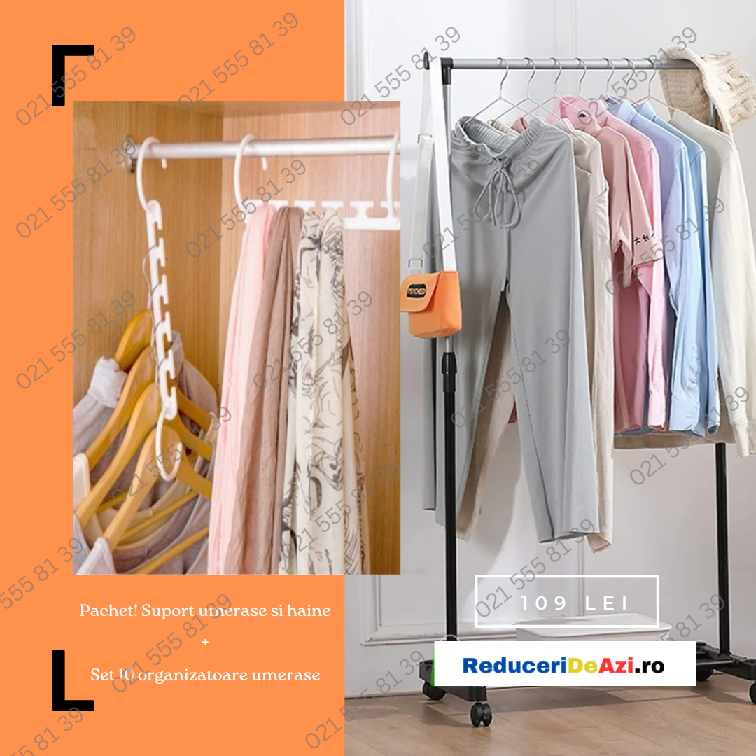 Pachet! Suport umerase si haine + Set 10 organizatoare umerase