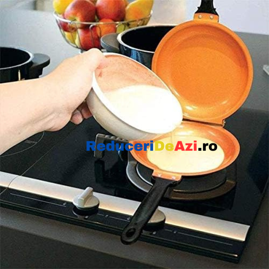 Tigaie dubla pentru clatite, antiaderenta, manere reci, crem, 35x20x5 cm