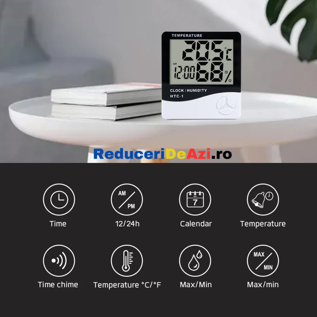 Termometru si Higrometru Digital de Camera HTC1, Design Slim, Ceas, Functie Min / Max, Baterie Inclusa AAA ,Suport Stand, Slim, Alb