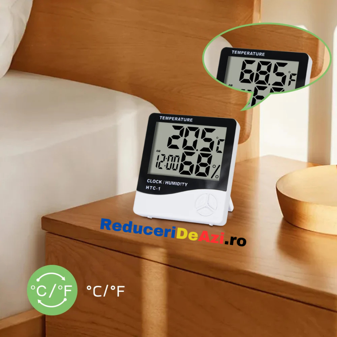 Termometru si Higrometru Digital de Camera HTC1, Design Slim, Ceas, Functie Min / Max, Baterie Inclusa AAA ,Suport Stand, Slim, Alb