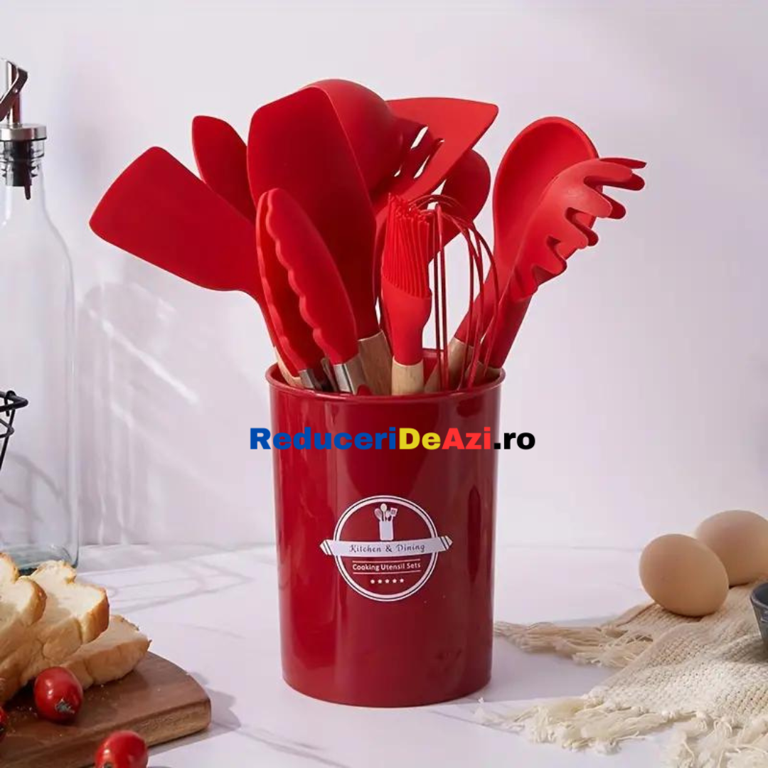 Set ustensile bucatarie 12 piese Lemn si Silicon alimentar Termorezistente Antiaderente Suport Blat Rosu