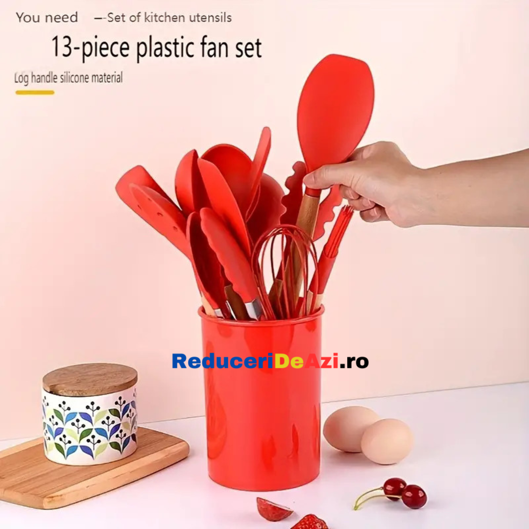 Set ustensile bucatarie 12 piese Lemn si Silicon alimentar Termorezistente Antiaderente Suport Blat Rosu