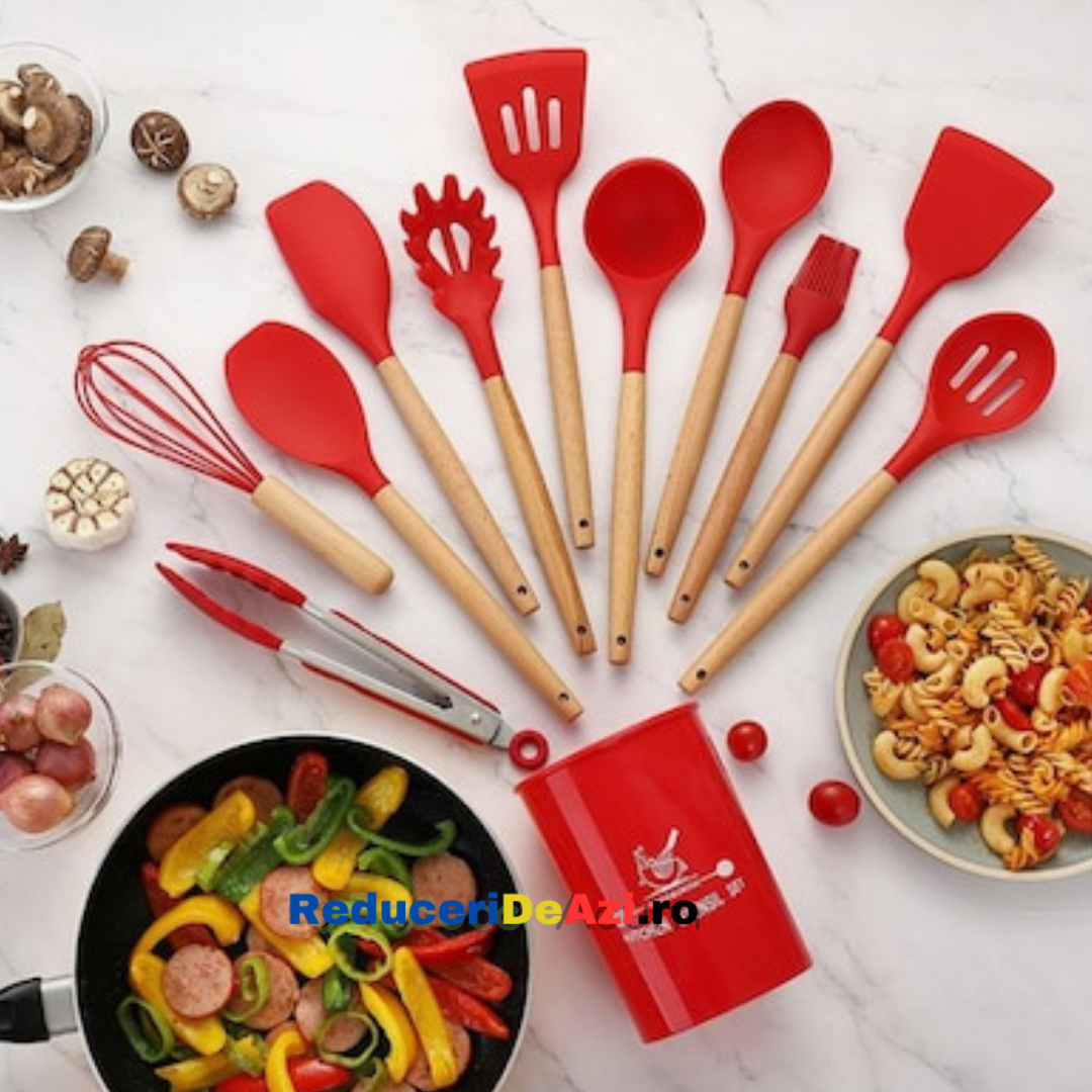 Set ustensile bucatarie 12 piese Lemn si Silicon alimentar Termorezistente Antiaderente Suport Blat Rosu