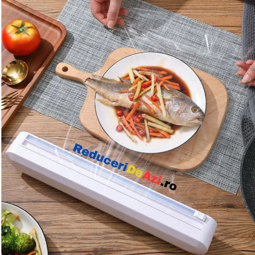 Dispenser folie alimentara stretch, cu ventuze si dispozitiv de taiere