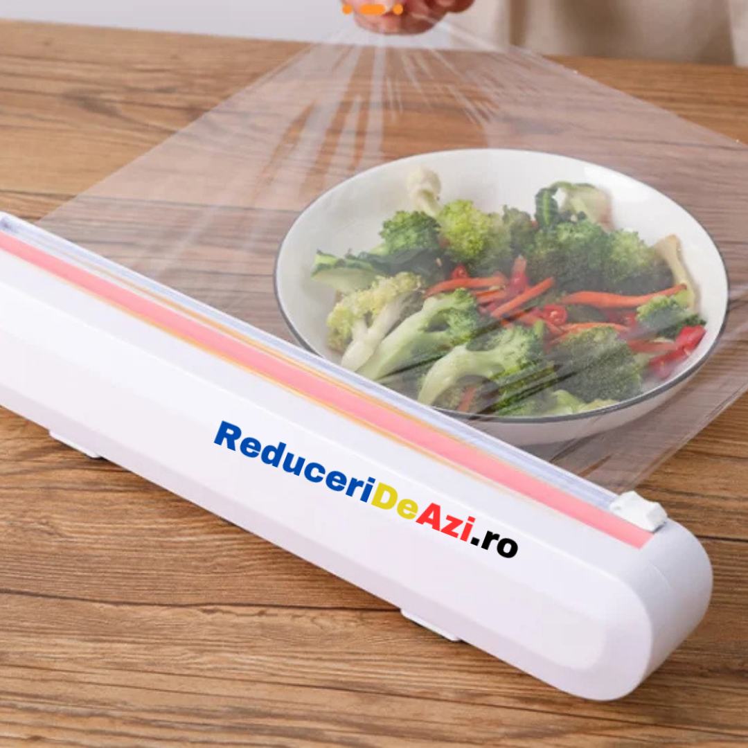Dispenser folie alimentara stretch, cu ventuze si dispozitiv de taiere