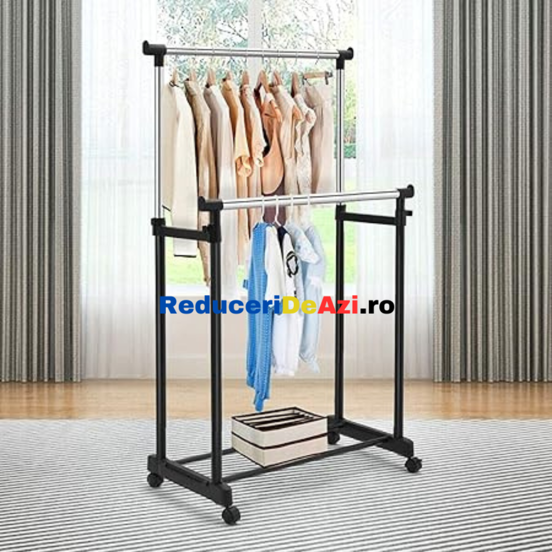 Lichidare de stoc! Suport pentru umerase si haine, cu roti si inaltime reglabila