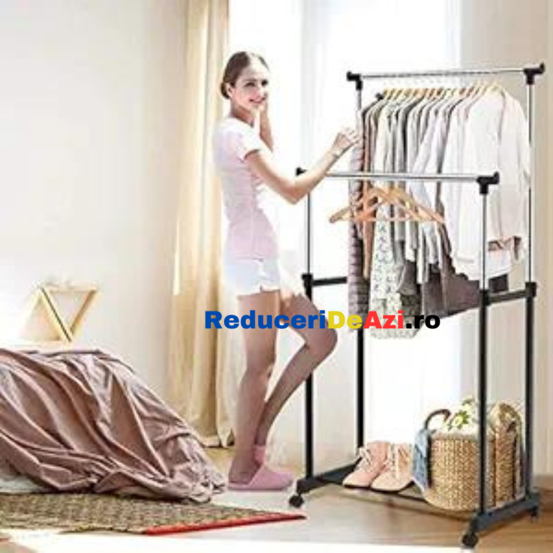 Lichidare de stoc! Suport pentru umerase si haine, cu roti si inaltime reglabila