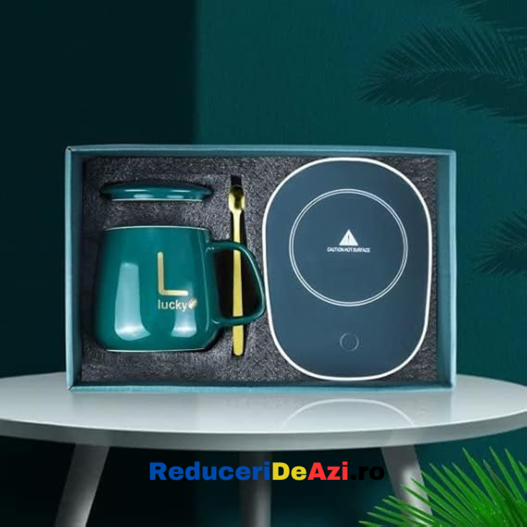 1+1 GRATIS! Cana ceramica Inteligenta Lucky pentru Incalzire Automata a Bauturilor, Cafea, Lapte, Ceai cu Suport de Incarcare USB, 55°C, cu Capac si Lingurita, Verde Regal, 350 ml