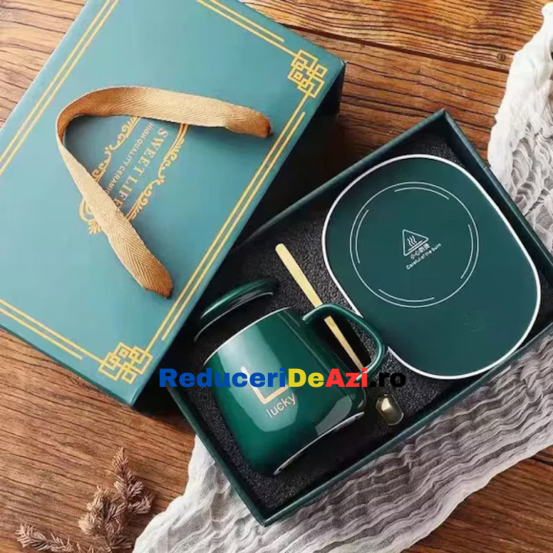 1+1 GRATIS! Cana ceramica Inteligenta Lucky pentru Incalzire Automata a Bauturilor, Cafea, Lapte, Ceai cu Suport de Incarcare USB, 55°C, cu Capac si Lingurita, Verde Regal, 350 ml