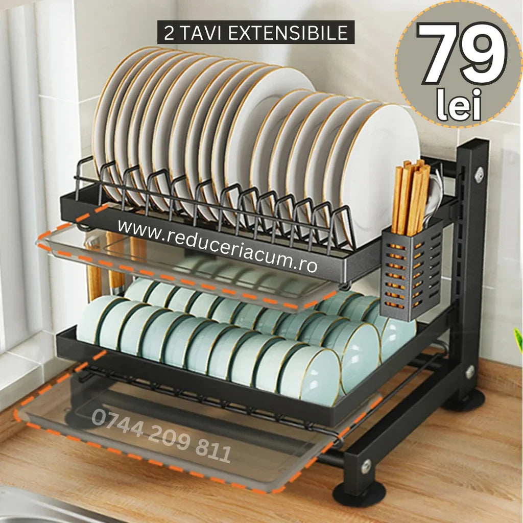 Scurgator vase cu suport scurgere automata, , suport tacamuri si pahare, 42 x 27 x 38.5 cm, Negru