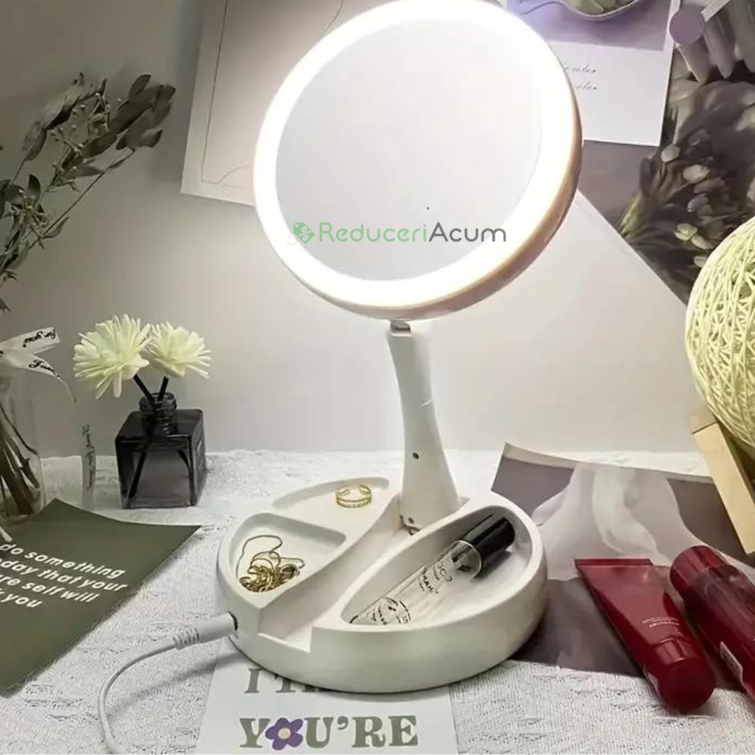 Oglinda pentru machiaj si pensat cu led-uri, pliabila si portabila