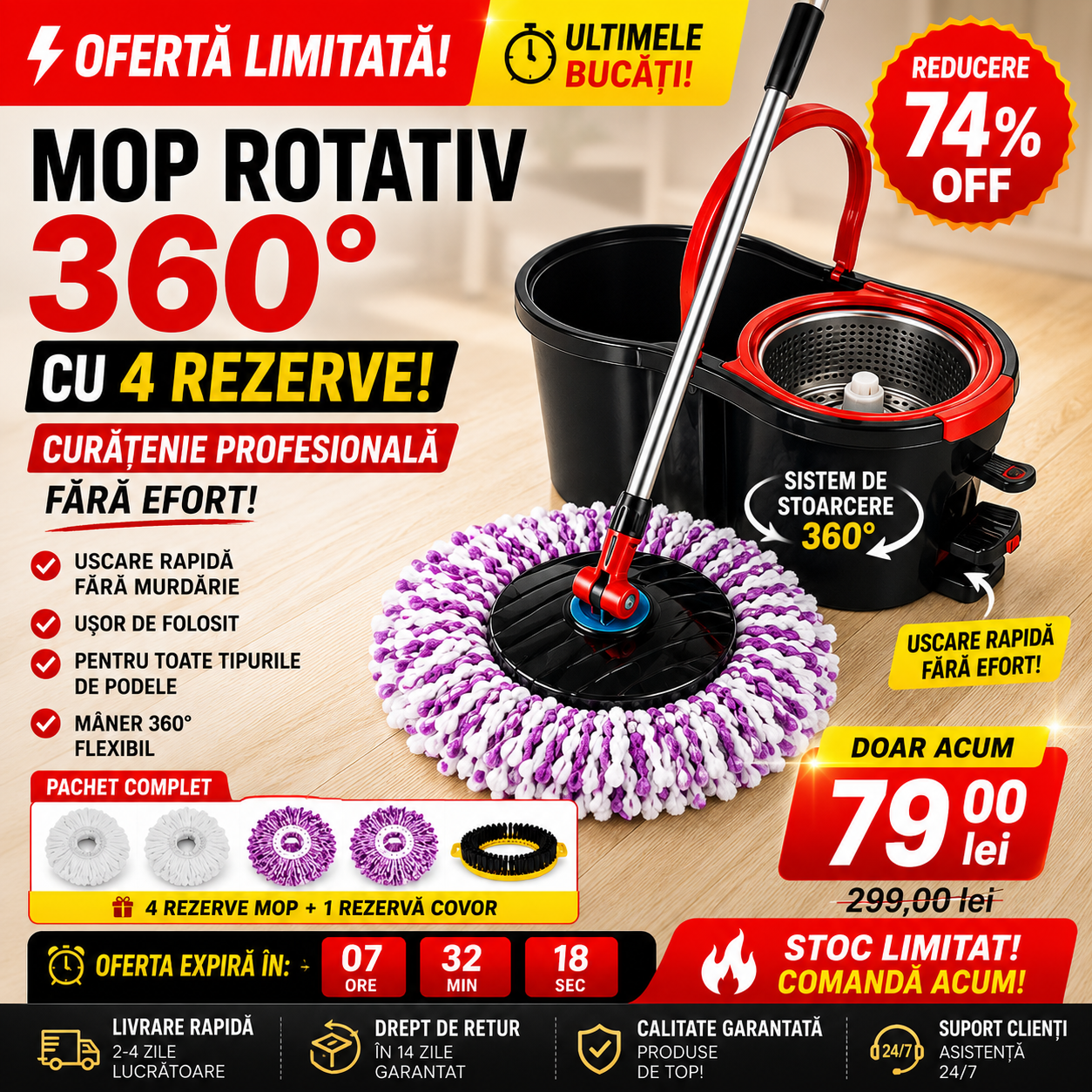 SpinWave PRO™ – Mop Rotativ 360° cu 4 Rezerve + 1 Rezerva de Covor CADOU