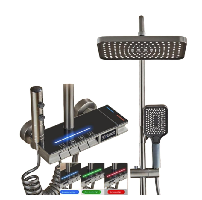 Sistem de duș termostatic de lux, cu mixer digital pentru apă rece și caldă, design modern, tip ploaie, culoare neagră, cu butoane tip pian.