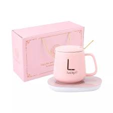 Cana ceramica Inteligenta Lucky pentru Incalzire Automata a Bauturilor, Cafea, Lapte, Ceai, 55°C, cu Capac si Lingurita, Roz Regal, 350 ml
