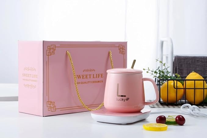 Cana ceramica Inteligenta Lucky pentru Incalzire Automata a Bauturilor, Cafea, Lapte, Ceai, 55°C, cu Capac si Lingurita, Roz Regal, 350 ml