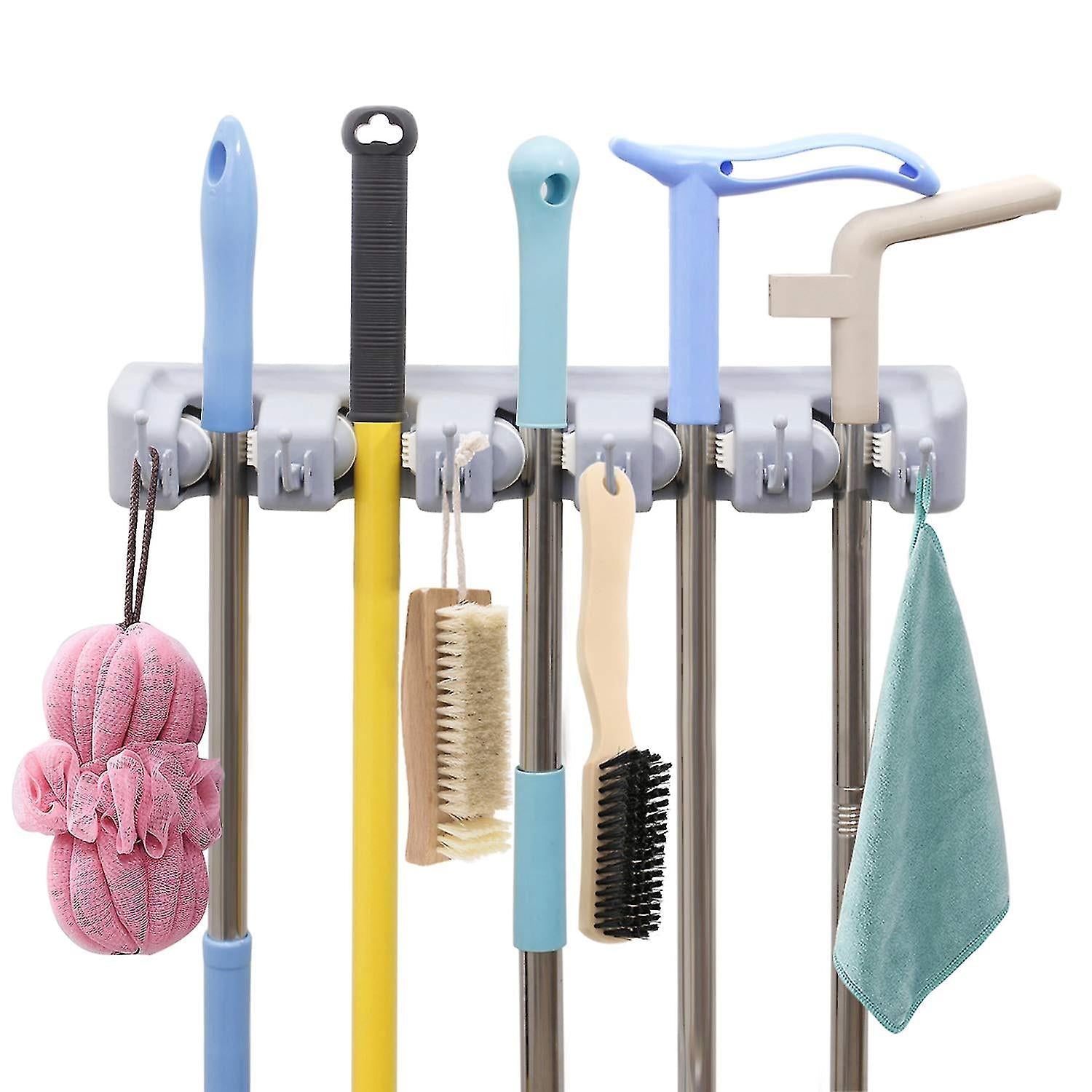 Suport de perete pentru maturi si mopuri Broom Holder, 4 spatii si 5 carlige