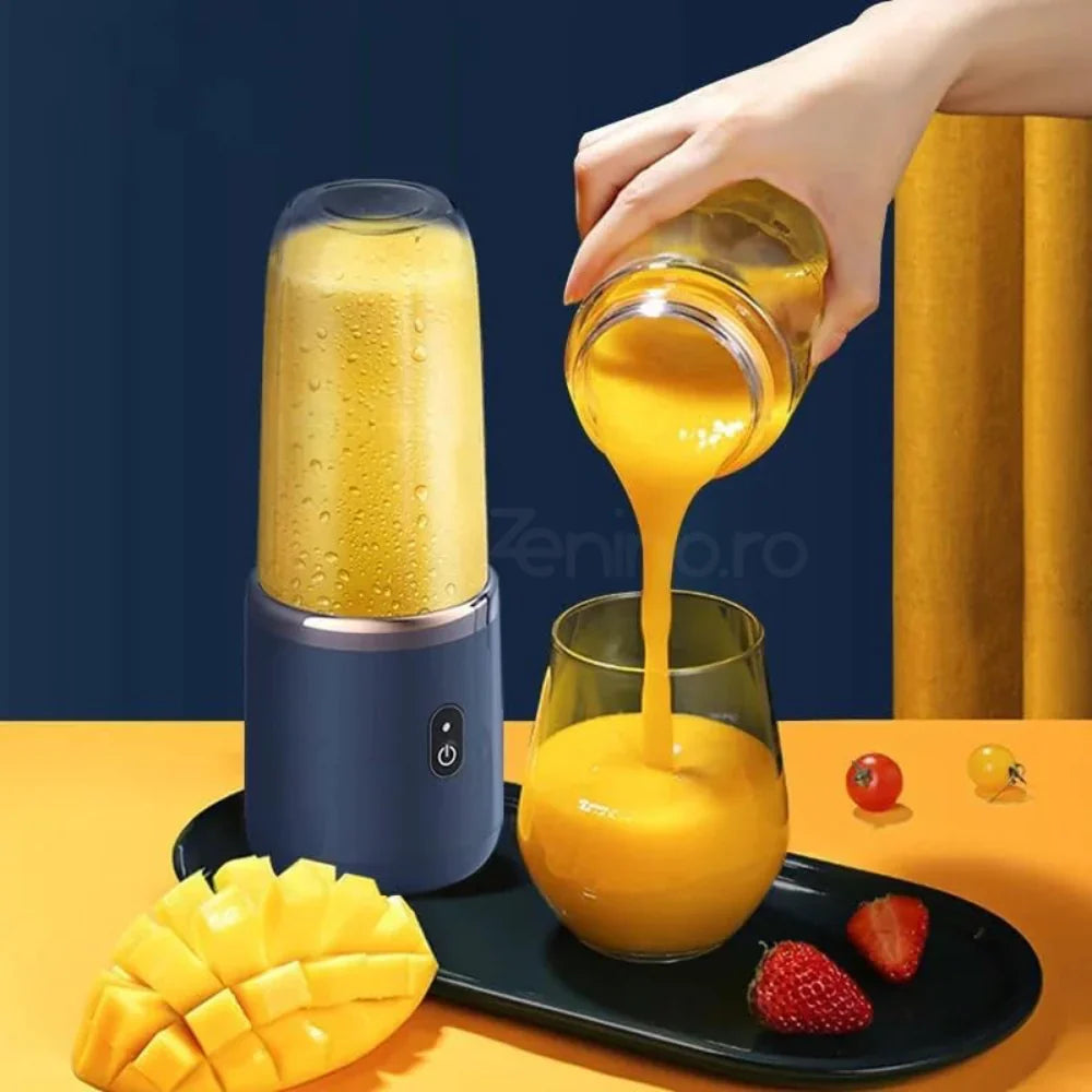 Mini Blender Portabil, 6 Lame, 400 ml, 2 Pahare, Incarcare USB, 18650 RPM, Bleumarin