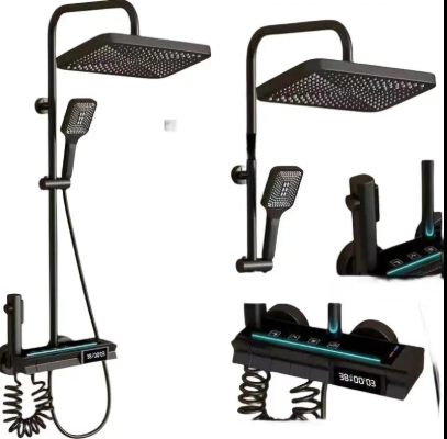 Sistem de duș termostatic de lux, cu mixer digital pentru apă rece și caldă, design modern, tip ploaie, culoare neagră, cu butoane tip pian.