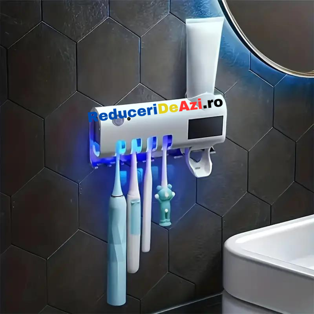 Dozator pentru pasta de dinti cu alimentare solara si sterilizator UV pentru periute