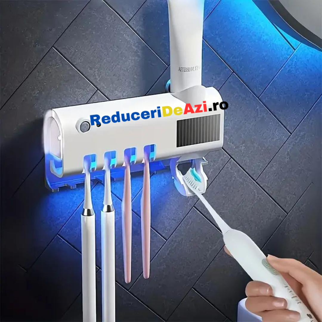Dozator pentru pasta de dinti cu alimentare solara si sterilizator UV pentru periute