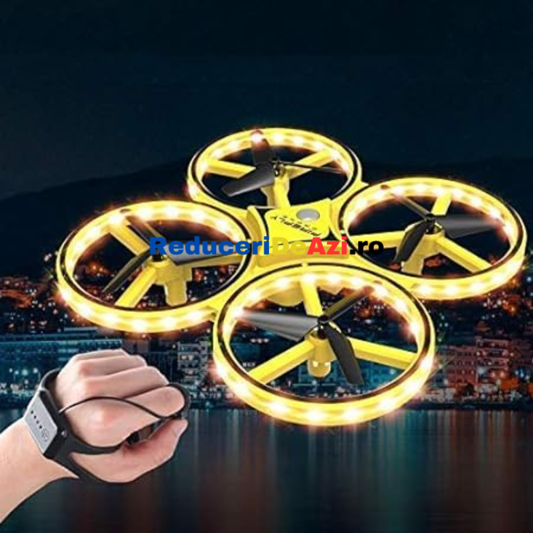 Drona cu senzor de gravitatie, control prin gesturi, rotire 360 grade, leduri, galbena