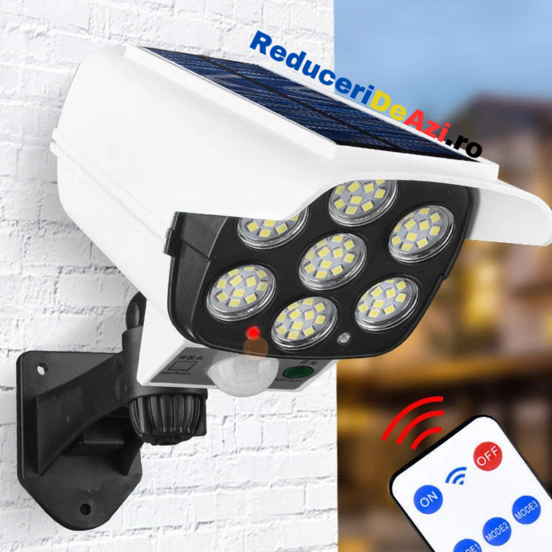 Lichidare de stoc. Camera falsa Proiector cu panou solar, 77 LED, senzor de miscare