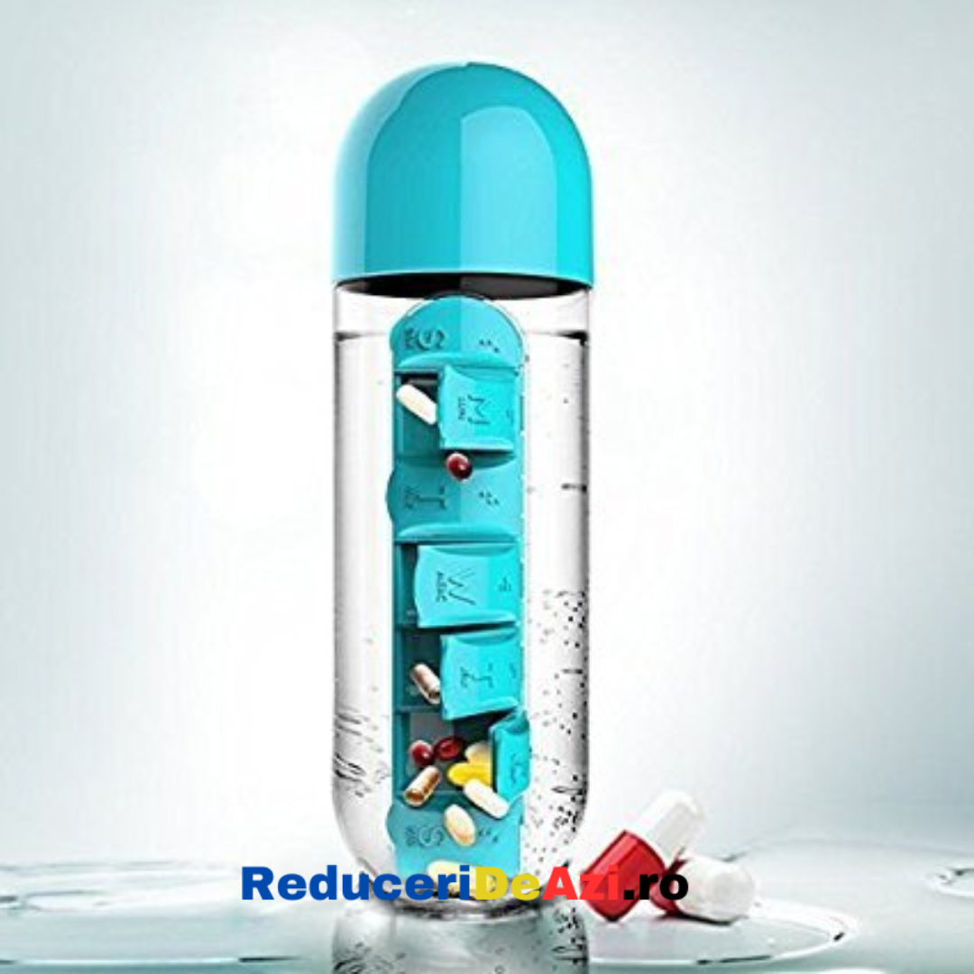 1+1 GRATUIT Sticla de apa 3 în 1, cu organizator pastile, 600ml, organizator detasabil