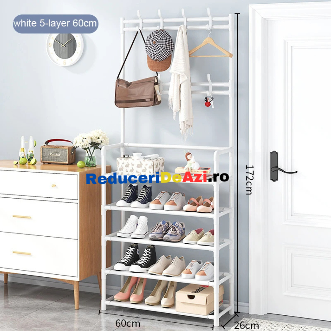 Cuier haine cu suport pantofi, 4 rafturi, 154x80 cm,
