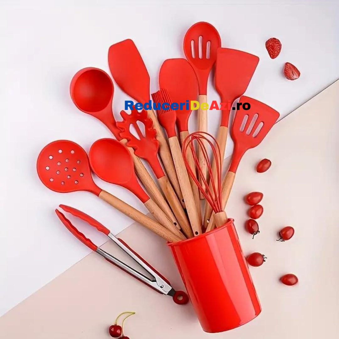 Set ustensile bucatarie 12 piese Lemn si Silicon alimentar Termorezistente Antiaderente Suport Blat Rosu