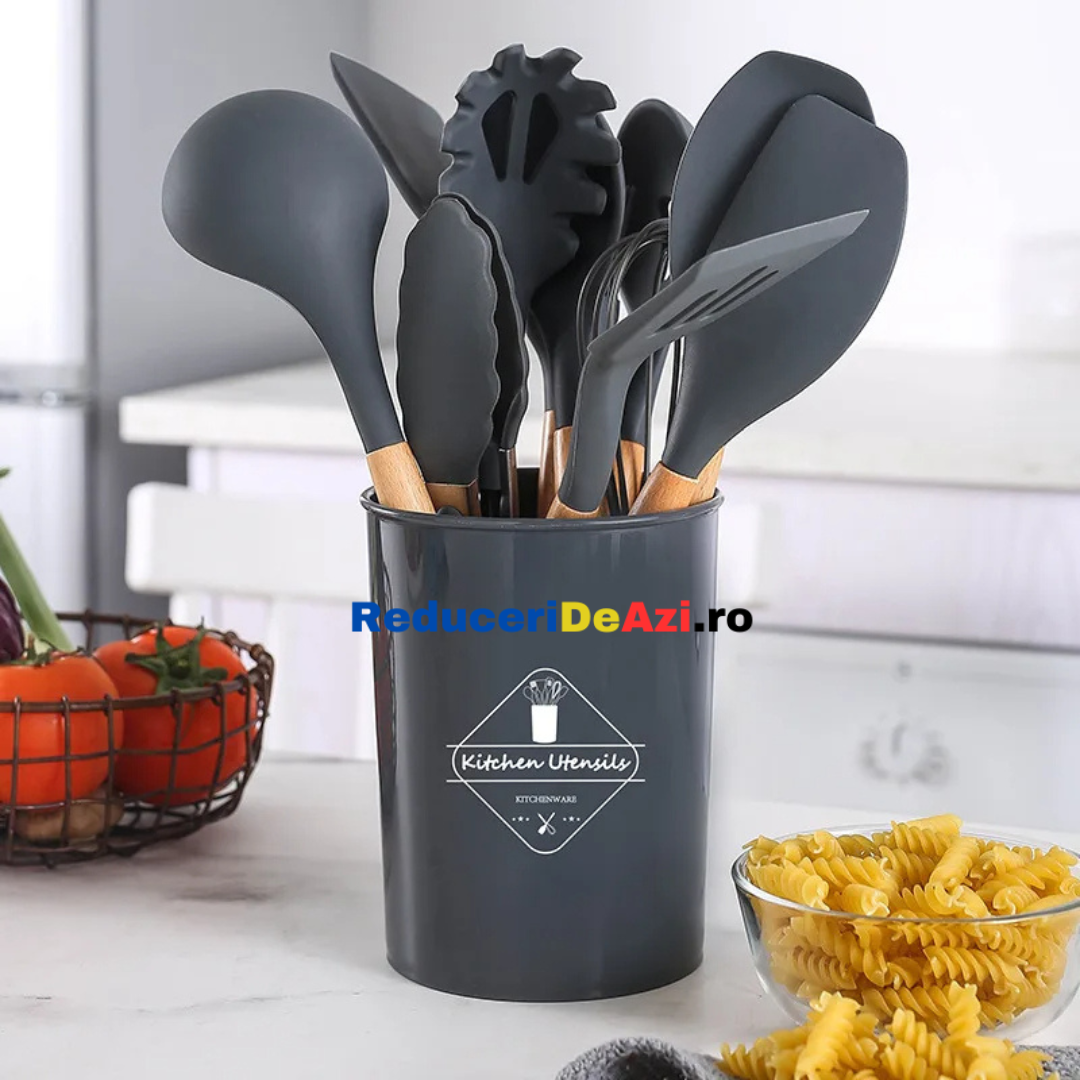 Set ustensile bucatarie 12 piese Lemn si Silicon alimentar Termorezistente Antiaderente Suport Blat negru