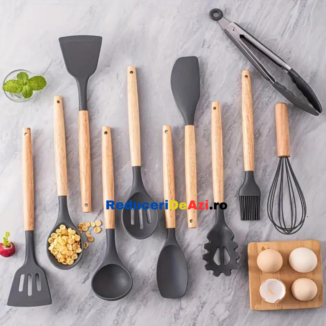 Set ustensile bucatarie 12 piese Lemn si Silicon alimentar Termorezistente Antiaderente Suport Blat negru