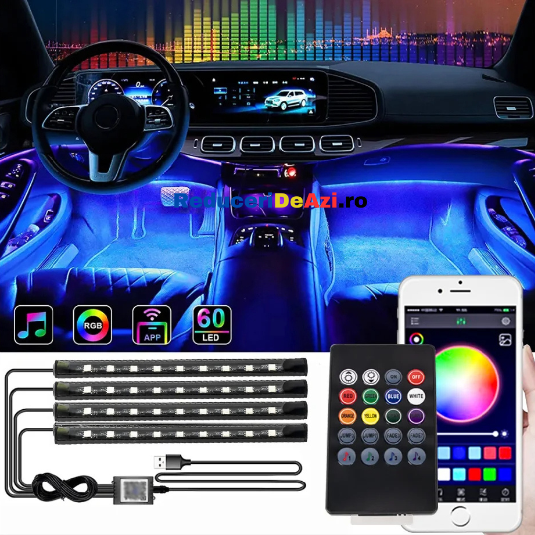 Sistem iluminare auto ambientala cu 4 benzi led si telecomanda