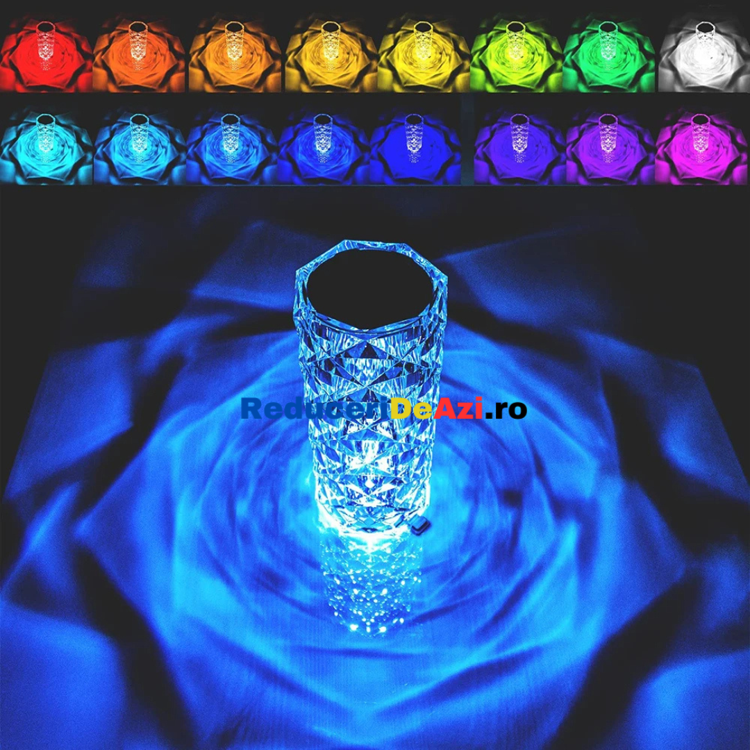 1+ 1 GRATIS ! Lampa ambientala Cristal LED, Crystal Diamond RGB 16 culori, control Touch, acumulator 1500mah - 12 ore de utilizare, incarcare USB-C